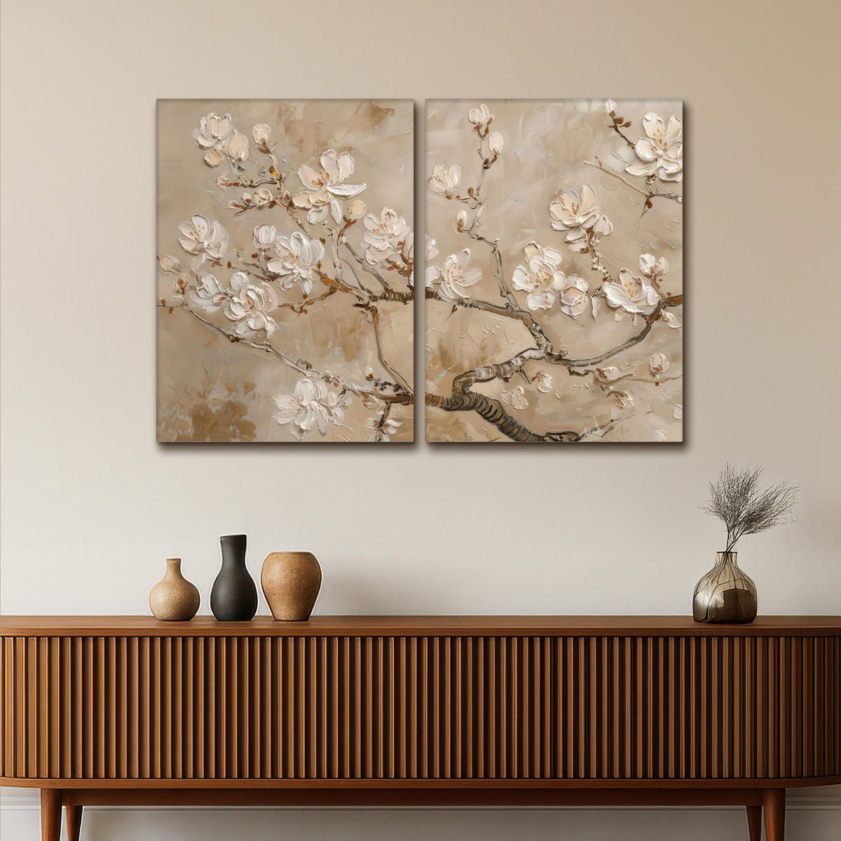 LEINWANDBILD 2er Set Beige - Blüte - Modern 100x70 cm - Greige, Textil (100/70cm) - MuchoWow