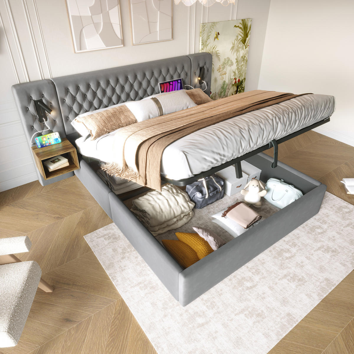 POLSTERBETT 160/200 cm Grau aus Samt mit Bettkasten und Nachttischen - Grau, Textil (160/200cm) - OKMYHOME