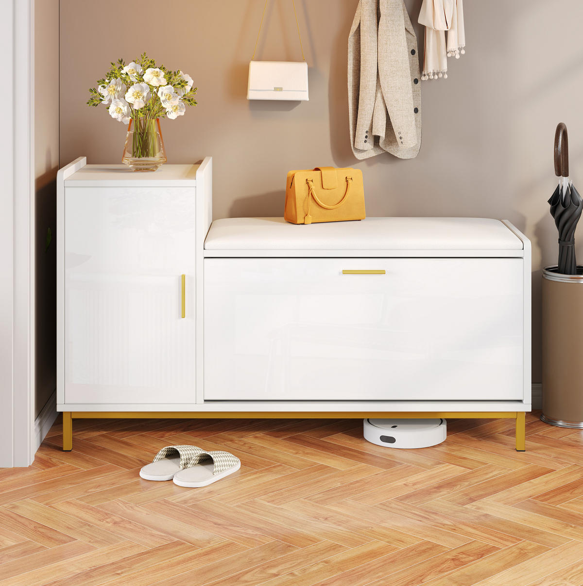 SCHUHSCHRANK aus Spanplatte 100x38x68cm in Weiß mit Sitzkissen - Weiß, Holzwerkstoff (100/68/38cm) - Modfu
