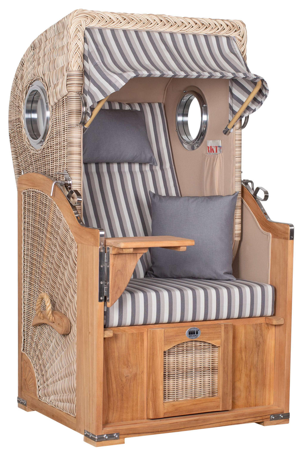 STRANDKORB Düne 1 Sitzer Teak PE Shell - Braun/Grau, Holz/Textil (96/165/80cm) - Mr. Deko