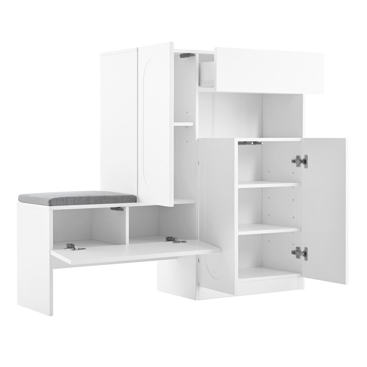 SCHUHSCHRANK aus Spanplatte 130x35x110cm in Weiß mit Sitzbank - Weiß, Holzwerkstoff (130/110/35cm) - Modfu