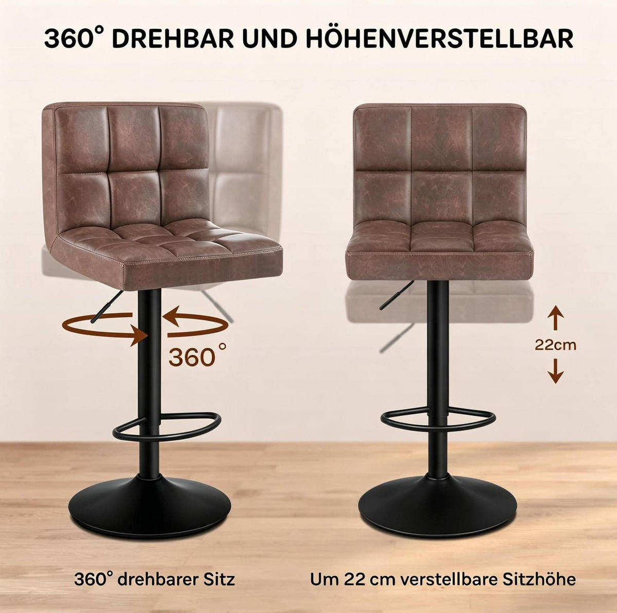 BARHOCKER mit Rückenlehne und Armlehnen, 360° drehbar, höhenverstellbar, dunkelbraun - Dunkelbraun, Metall (44/114/38cm) - MIVRAY
