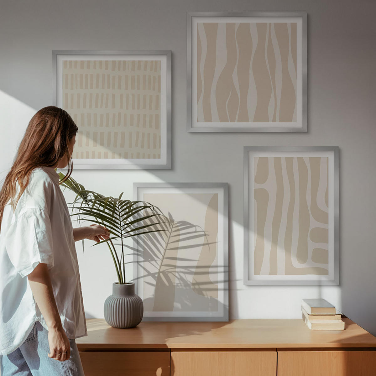 BILDER SET 4er Set - 50x50 cm & 40x60 cm Silberner Rahmen - Abstrakte Boho-Musterformen - Silberfarben, Kunststoff (50/50cm) - TULUP