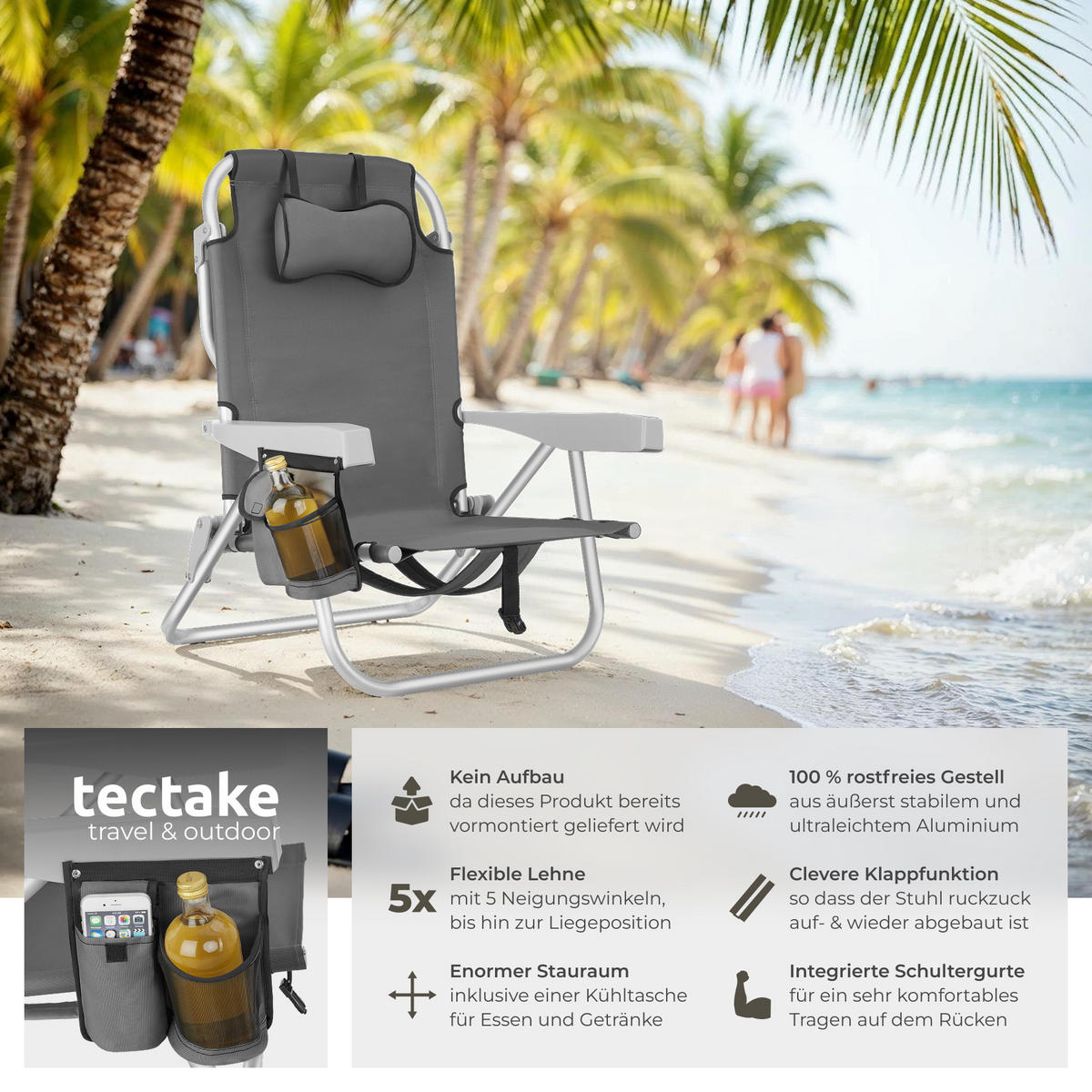 STRANDSTUHL Coral,rückseitige Kühltasche und Aufbewahrungstasche,grau - Grau, Kunststoff (63/78/101cm) - tectake