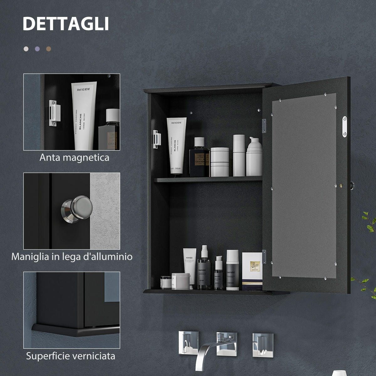 SPIEGELSCHRANK Spiegelschrank mit Spiegel und Magnetverschlusstür, 41 x 14 x 60 cm ,Schwarz - Schwarz, Glas (41/60/14cm) - Vallsero
