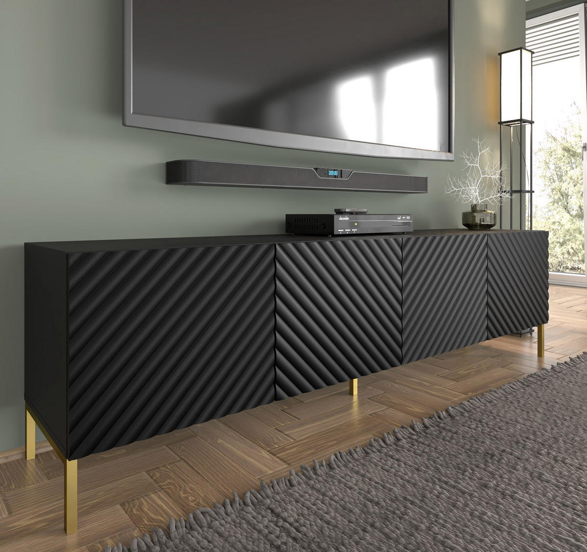 TV LOWBOARD Schwarz, Gold 200/56/42 - Goldfarben/Schwarz, Holzwerkstoff (200/56/42cm) - RAUMHIRSCH FURNITURE