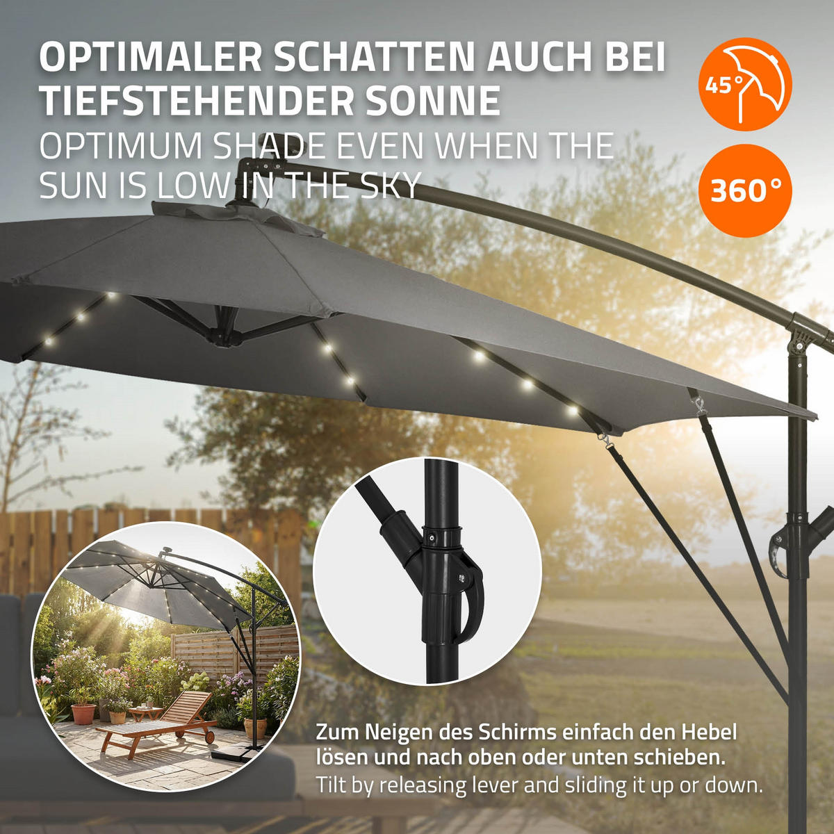 AMPELSCHIRM Ø 300 cm in Anthrazit aus Aluminium mit LED-Solar - Anthrazit, Metall (300/300cm) - ML-DESIGN