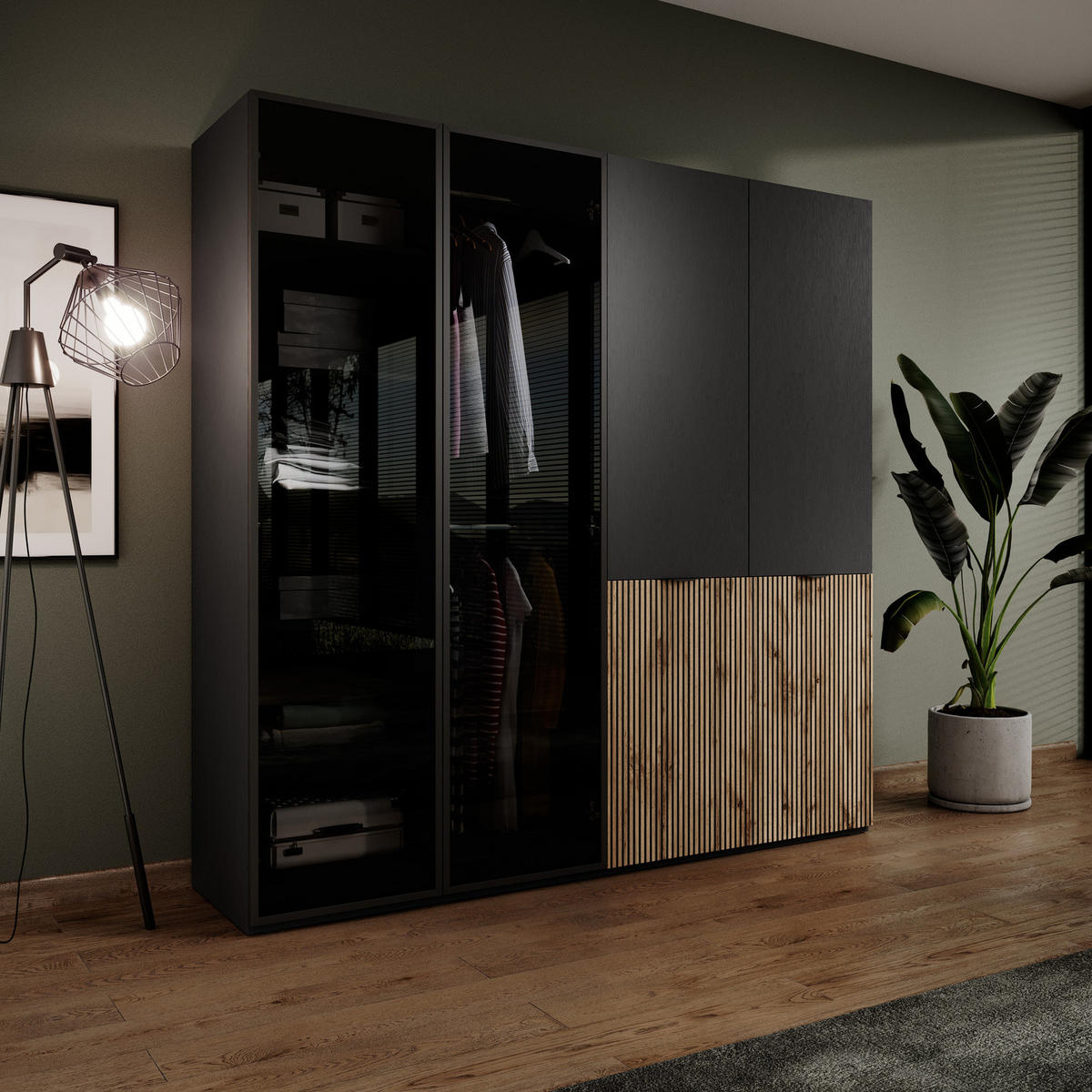 KLEIDERSCHRANK ZEN (Modular, Schwarz, Wotan Eiche & Getöntes Glas Antisol, 4-türig) - Eiche Wotan/Schwarz, Holz/Holzwerkstoff (202/200/51cm) - Ravio