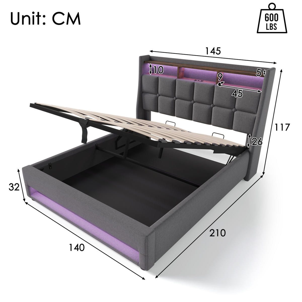POLSTERBETT 140/200 cm mit LED-Beleuchtung, USB-Anschluss und Bettkasten, Grau - Grau, Textil (140/200cm) - Redom