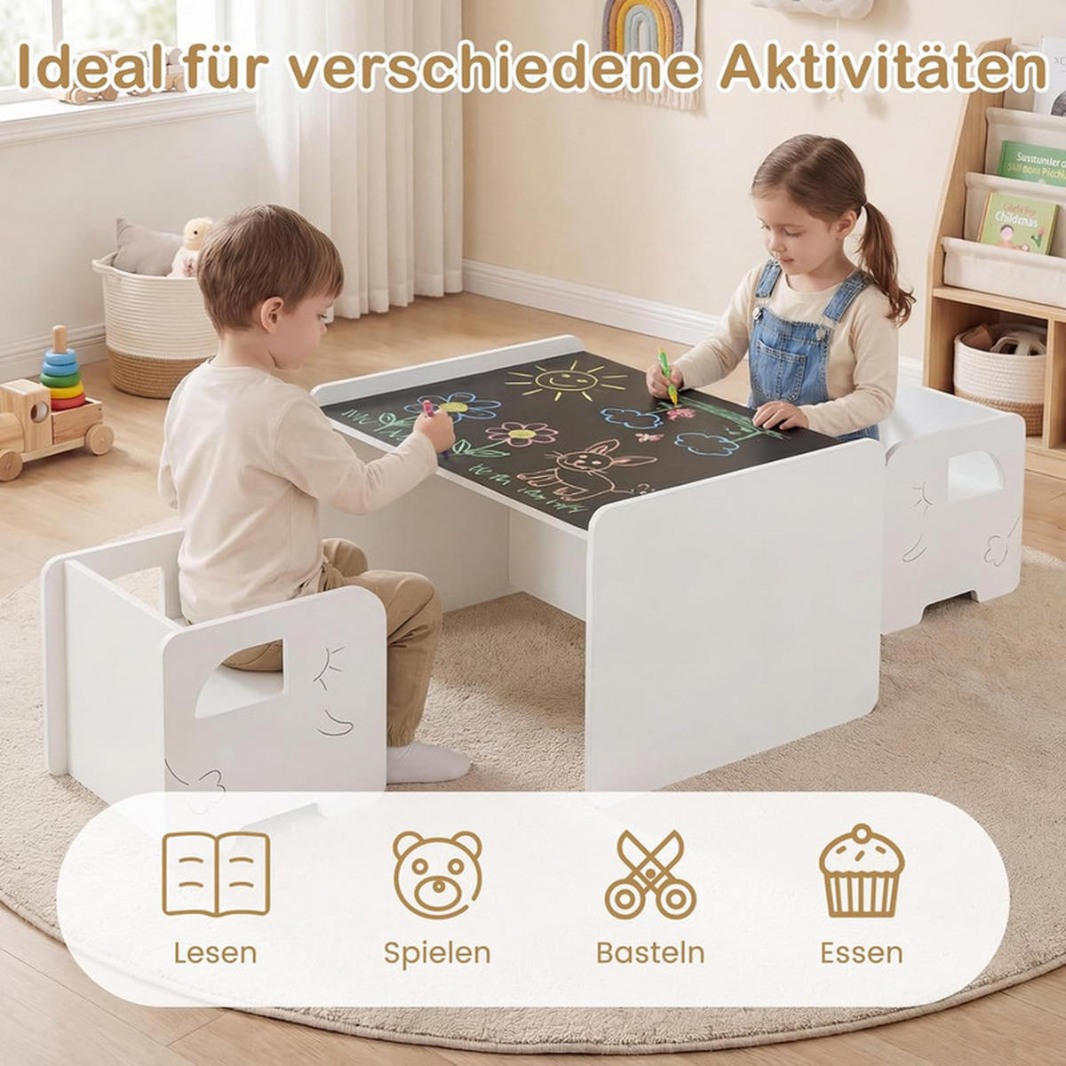 KINDERTISCH mit Stuhl weiß(3-tlg) - Weiß, Holzwerkstoff (62.5/40/48cm) - COSTWAY