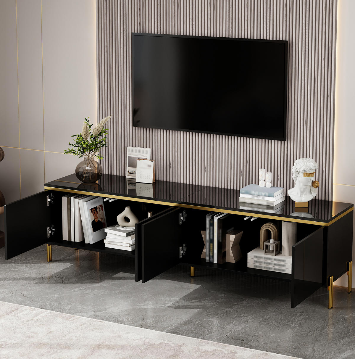 TV ormarić 170/38/50 cm crni od iverala s 4 vrata i otvorima za kabele - crna, drvni materijal (170/50/38cm) - OKWISH
