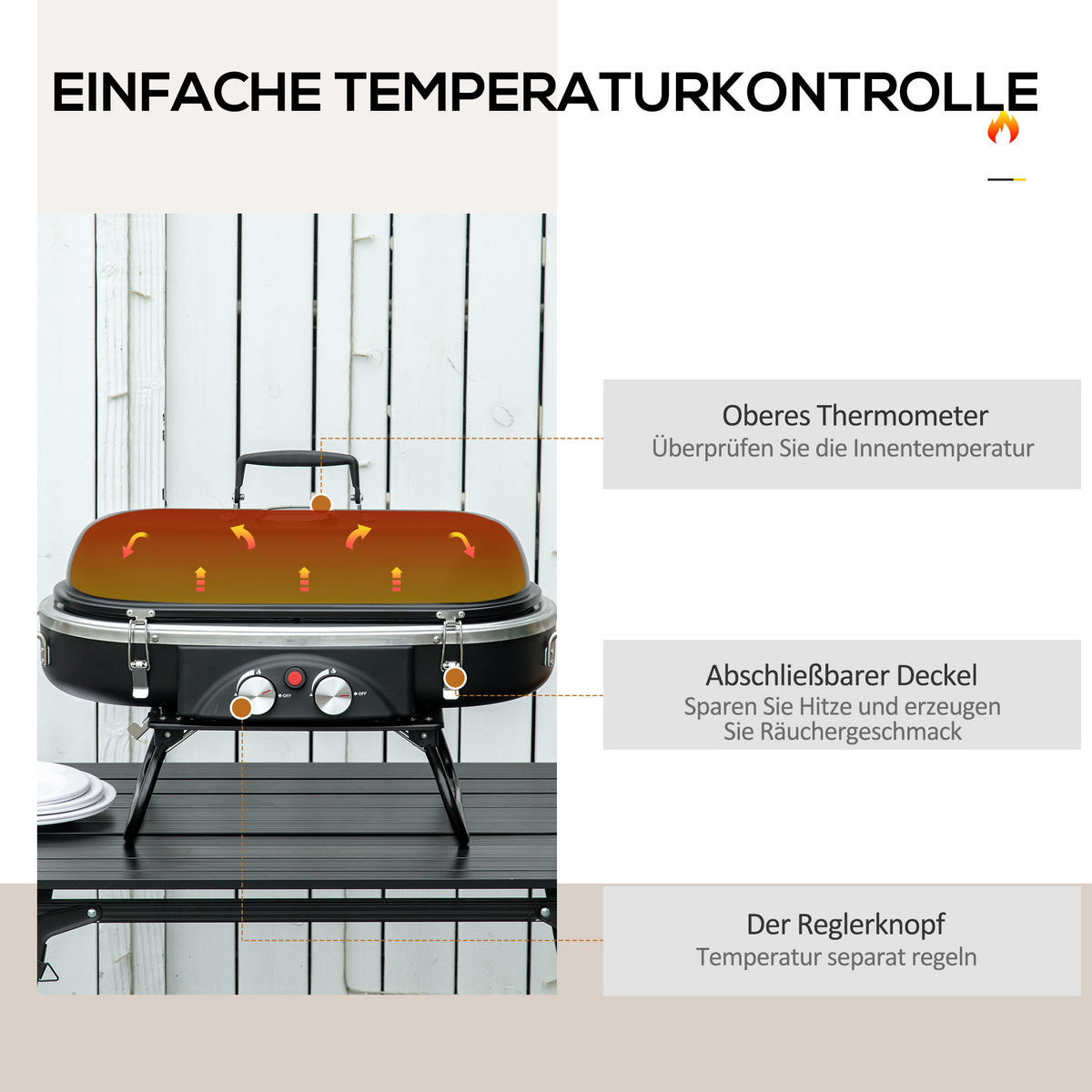 GASGRILL inkl 2 Edelstahl-Brenner - Schwarz, Metall (34.5/37/66cm) - Outsunny