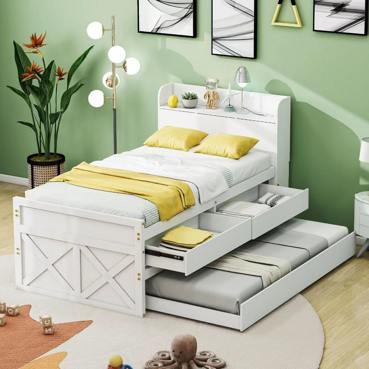KINDERBETT 90/190 cm aus Massivholz mit USB-Anschluss, Nachttisch, Ausziehbett und 2 Schubladen, Weiß - Weiß, Holz (90/190cm) - Redom