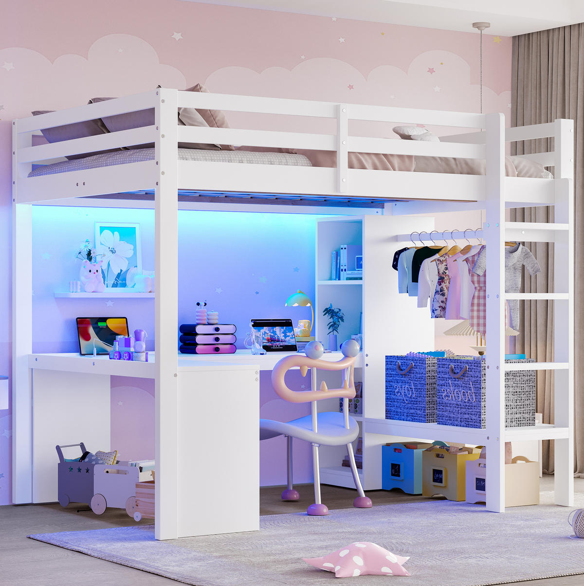 HOCHBETT 140/200 cm, Weiß mit Schreibtisch, LED, USB und Stauraum - Weiß, Holz (140/200cm) - MIVRAY
