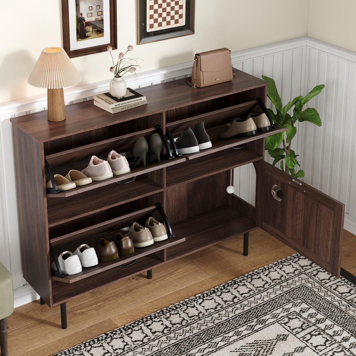 SCHUHSCHRANK 120/28/92 cm in Walnussfarben mit 4 Türen und Katzen-Spielmodul - Walnussfarben, Holzwerkstoff (120/92/28cm) - Flora Grace