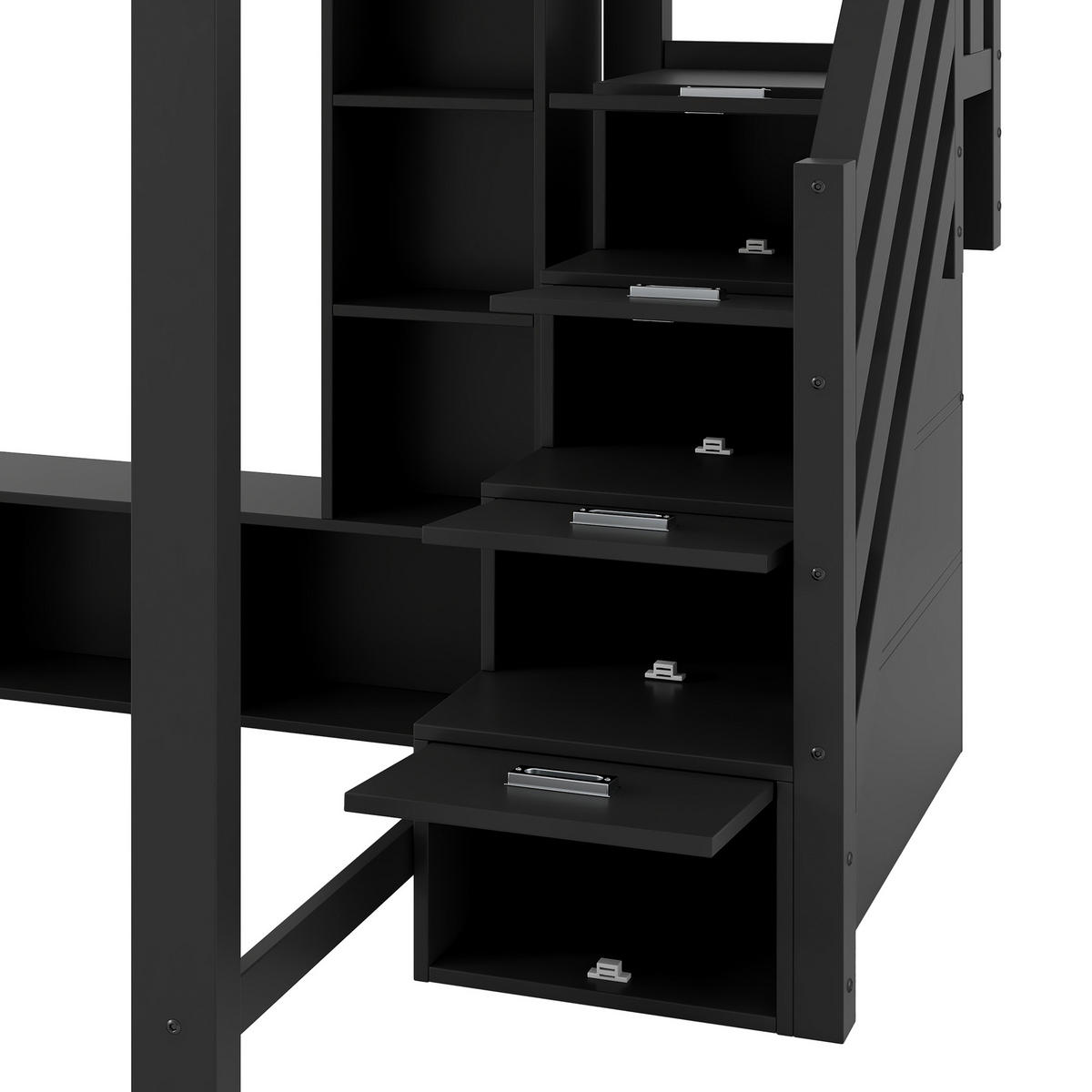 HOCHBETT 140/200 cm in Schwarz mit Schreibtisch, LED und Stauraumtreppe - Schwarz, Holzwerkstoff (140/200cm) - STILVORA