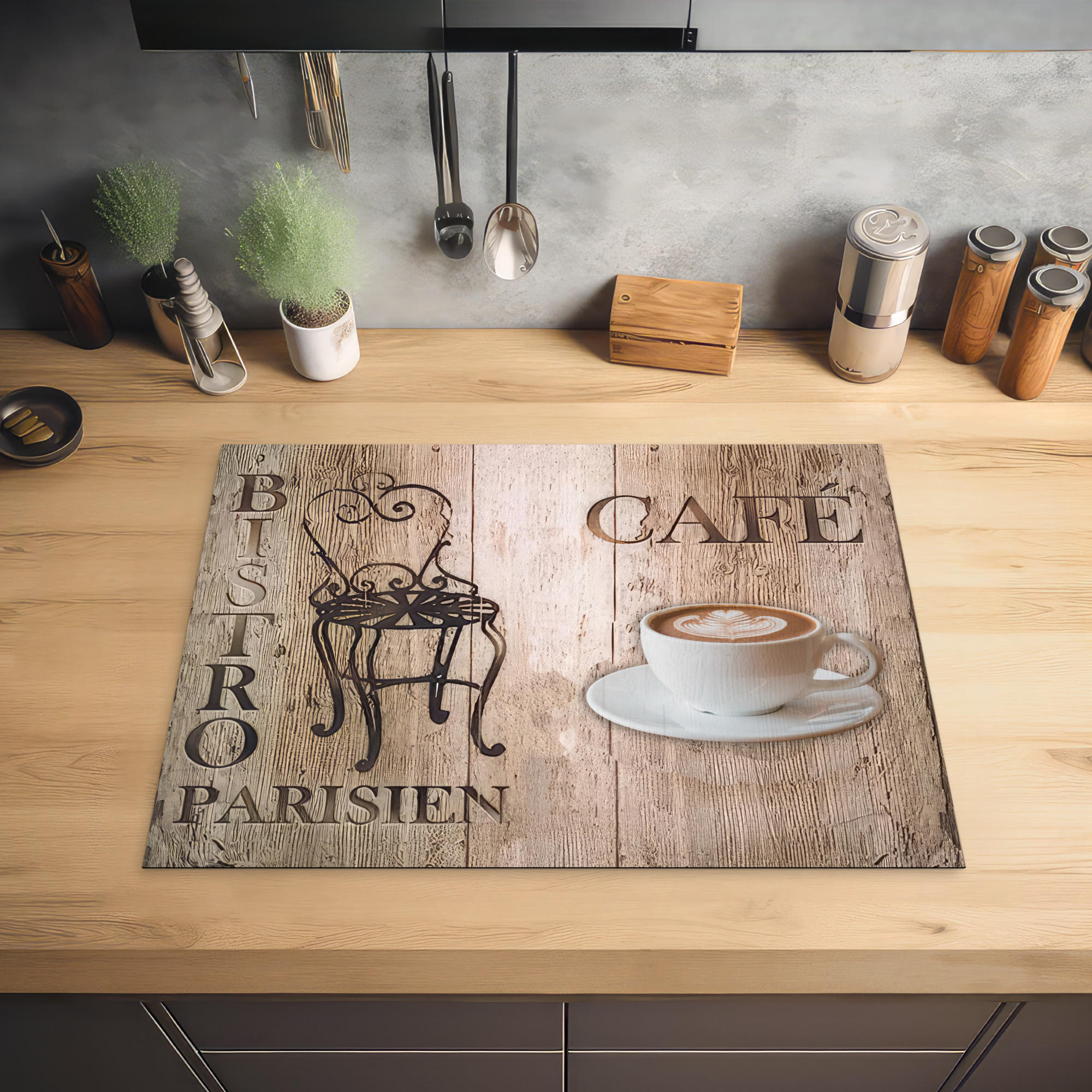 HERDABDECKPLATTE Bistro Parisien - Café - Kaffee - Jahrgang 71x52 cm - Cappuccino, Kunststoff (71/0.2/52cm) - MuchoWow