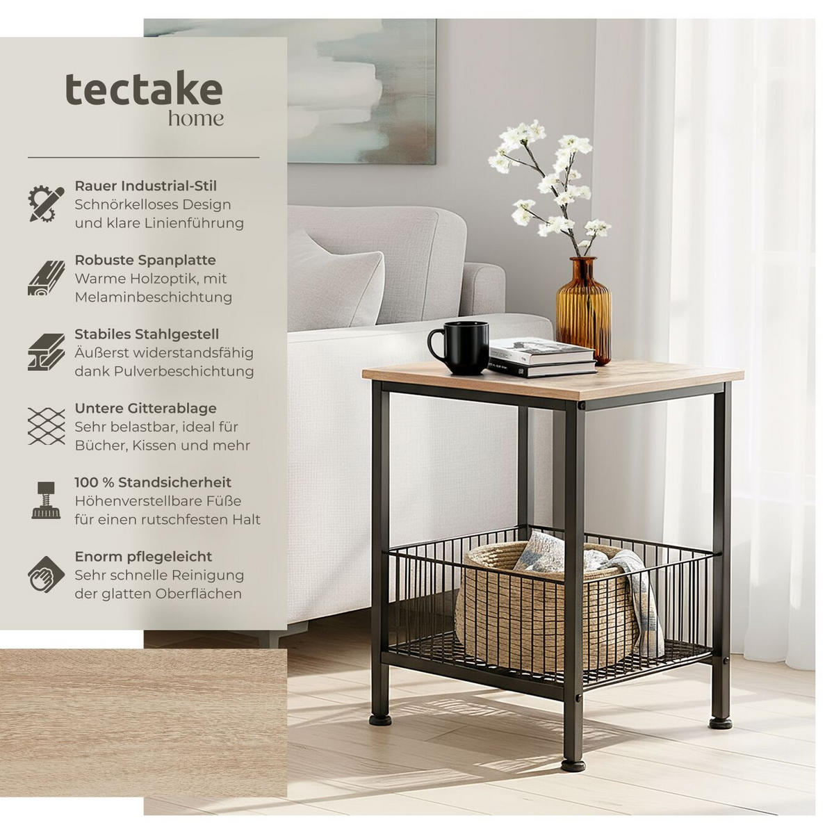 BEISTELLTISCH Grimsby,40 x 40 x 55,5 cm,Industrial Holz hell, Eiche Sonoma - Naturfarben, Holzwerkstoff (40/40/55.5cm) - tectake