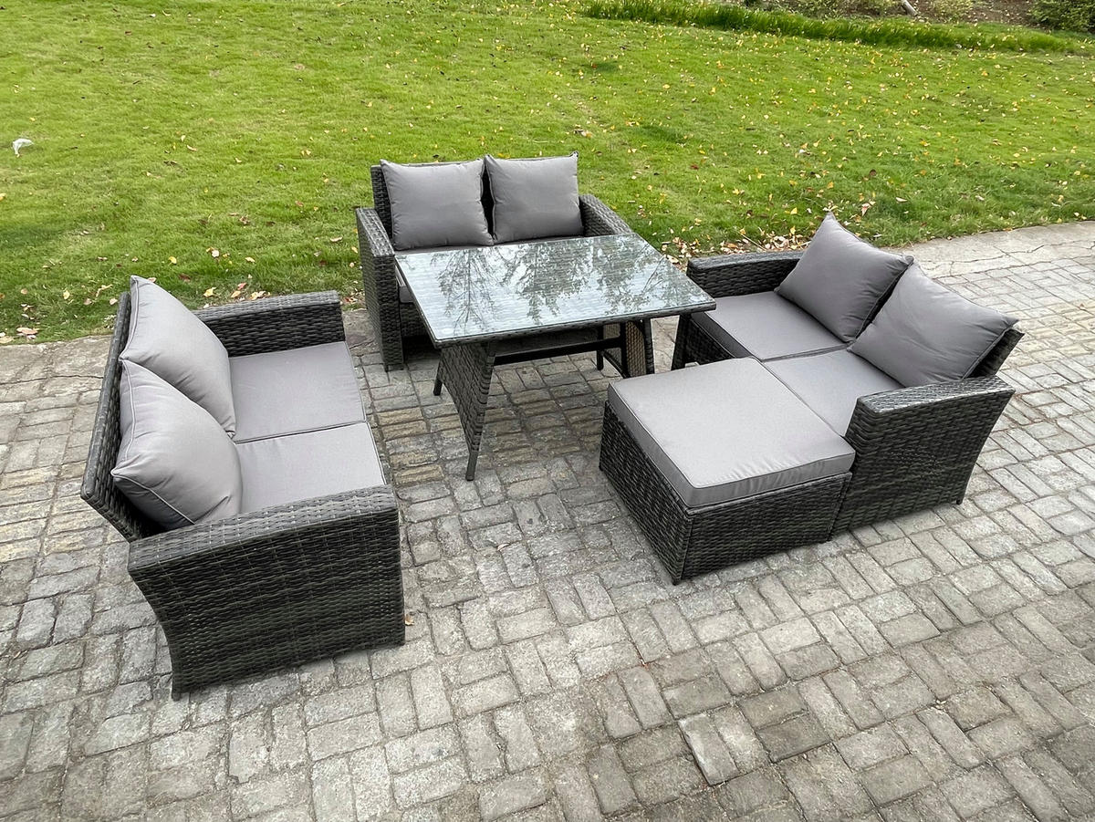 GARTENMÖBELSET mit ESSTISCH,HOCHLEHNER-SOFA Polyrattan Dunkelgrauer Mix 7-Sitzer - Dunkelgrau/Grau, Glas/Kunststoff - Fimous
