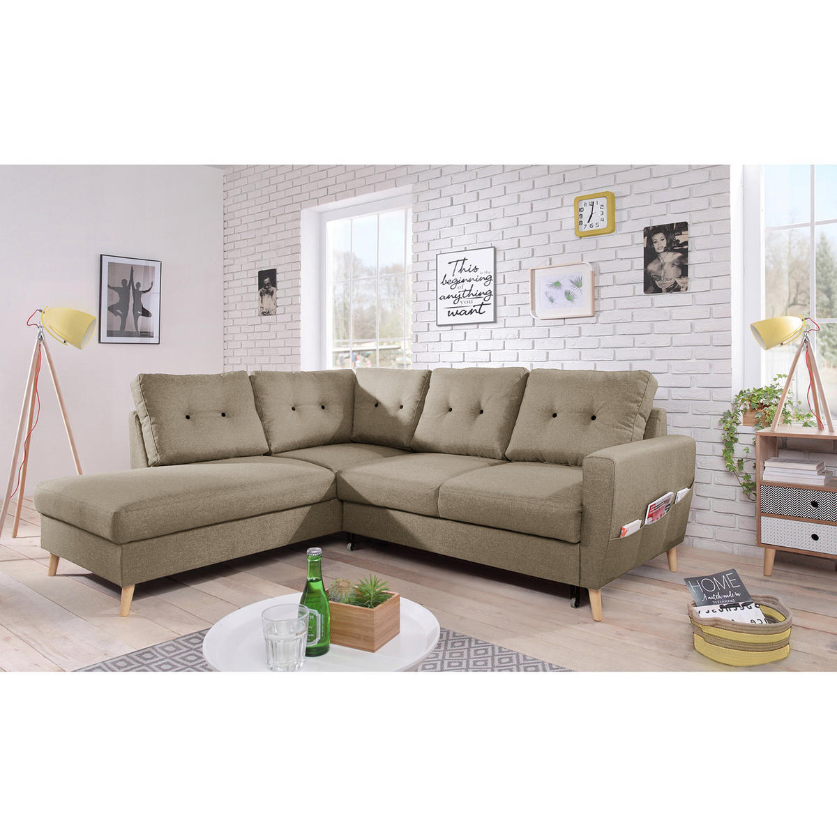 ECKSOFA mit Ottomane - Webstoff - Hellbraun/Cappuccino, Holz/Textil (230/200cm) - home24