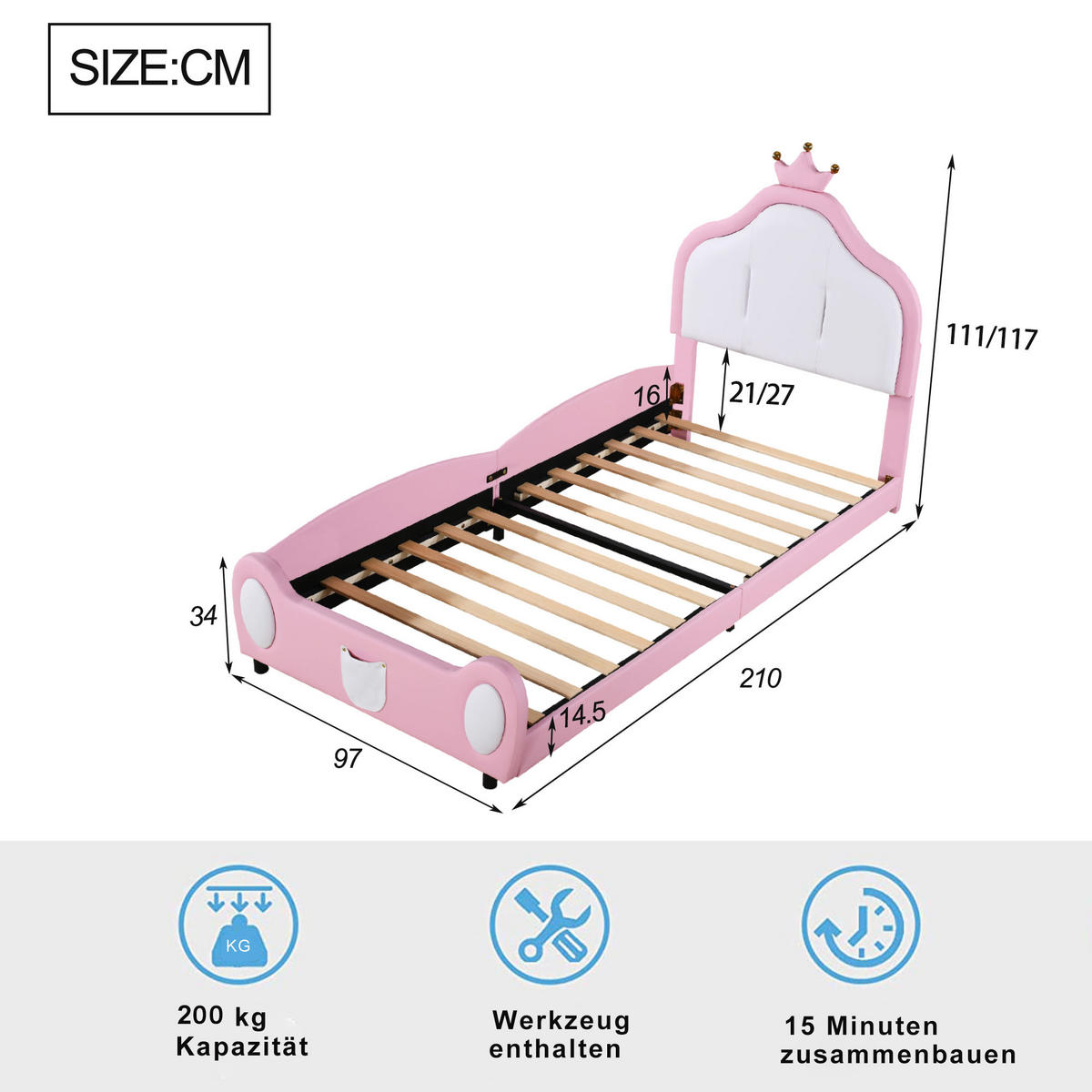 POLSTERBETT 90/200 cm Rosa mit Kronenleiste und kindlichem Design aus Kunstleder - Rosa, Textil (90/200cm) - OKWISH