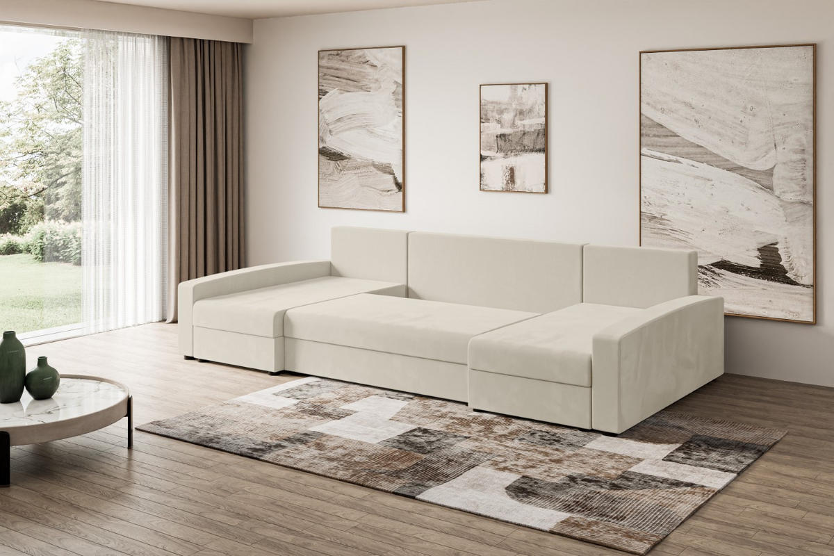 WOHNLANDSCHAFT mit Schlaffunktion und Bettkasten ALESIA-U 301x140x90 cm Beige Velours - Beige/Silberfarben, Holzwerkstoff/Kunststoff (301/90/140cm) - ALTDECOR
