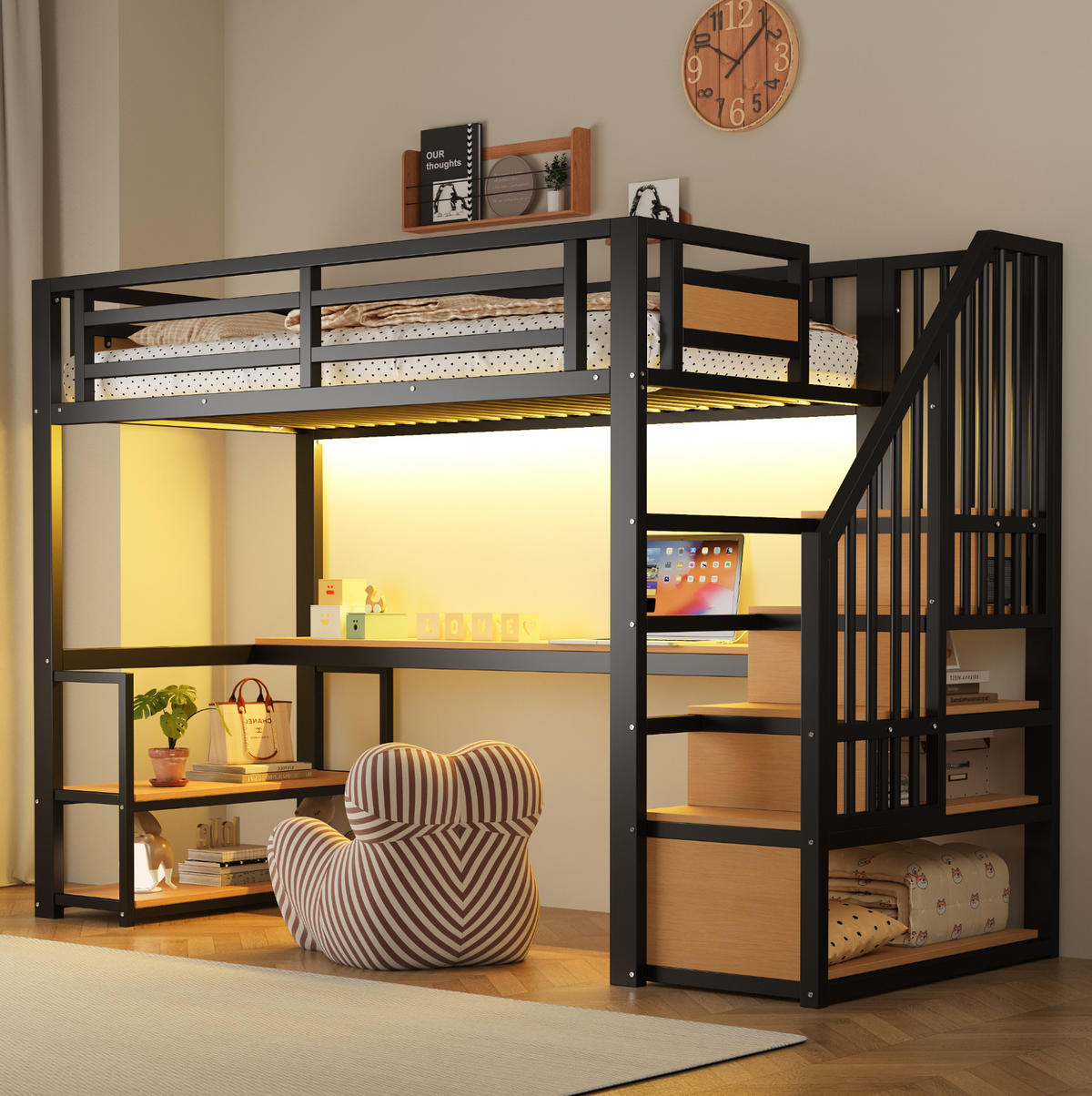 HOCHBETT 90/200 cm aus Metall mit LED-Lichtleiste, Steckdose, Tisch, Regalen und Aufbewahrungsleiter, Schwarz - Schwarz, Metall (90/200cm) - Redom