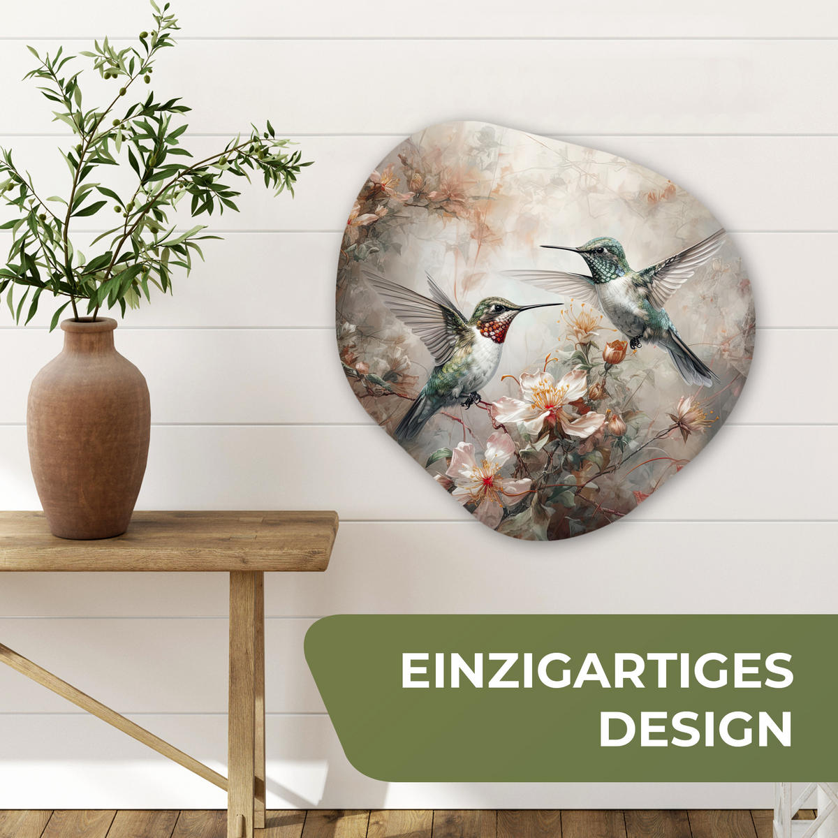 WANDBILD Kolibri - Vögel - Blumen - Pflanzen 60x60 cm - Hellgrün, Kunststoff (60/60cm) - MuchoWow
