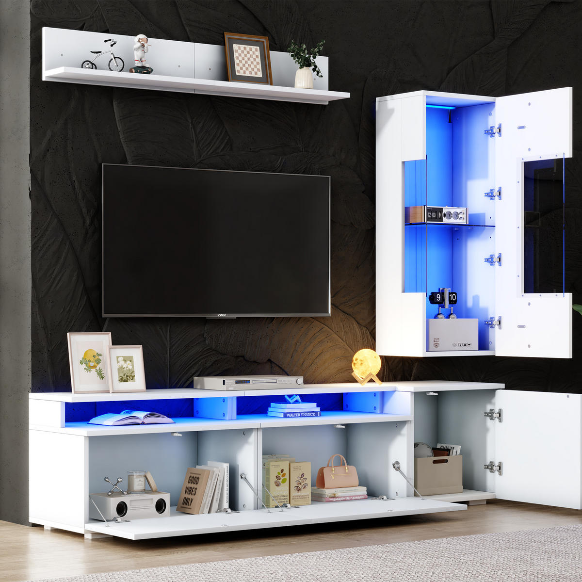 TV-ELEMENT 180/40/45 cm Weiß mit LED Beleuchtung (3 Stück) - Weiß, Holz (180/45/40cm) - Oxeza