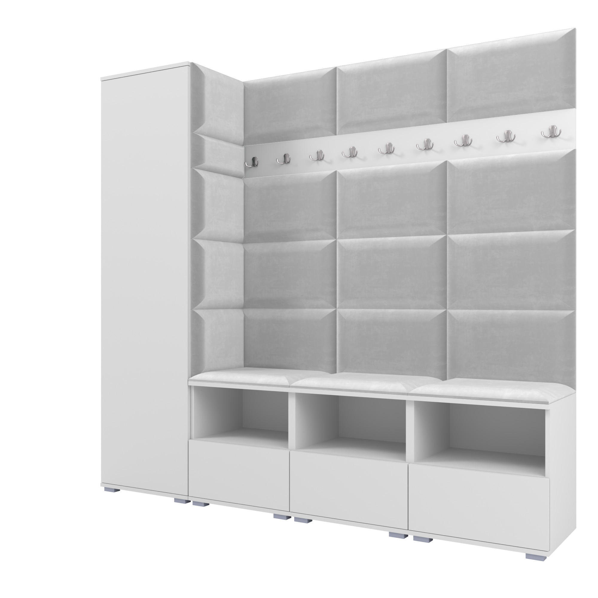 GARDEROBE NELA IX 200 cm (Modulare Flurmöbel Weiß mit Sitzpolster Hellgrau 32 Breite Sitzbank) - Silberfarben/Hellgrau, Holz/Holzwerkstoff (200/187/40cm) - Ravio