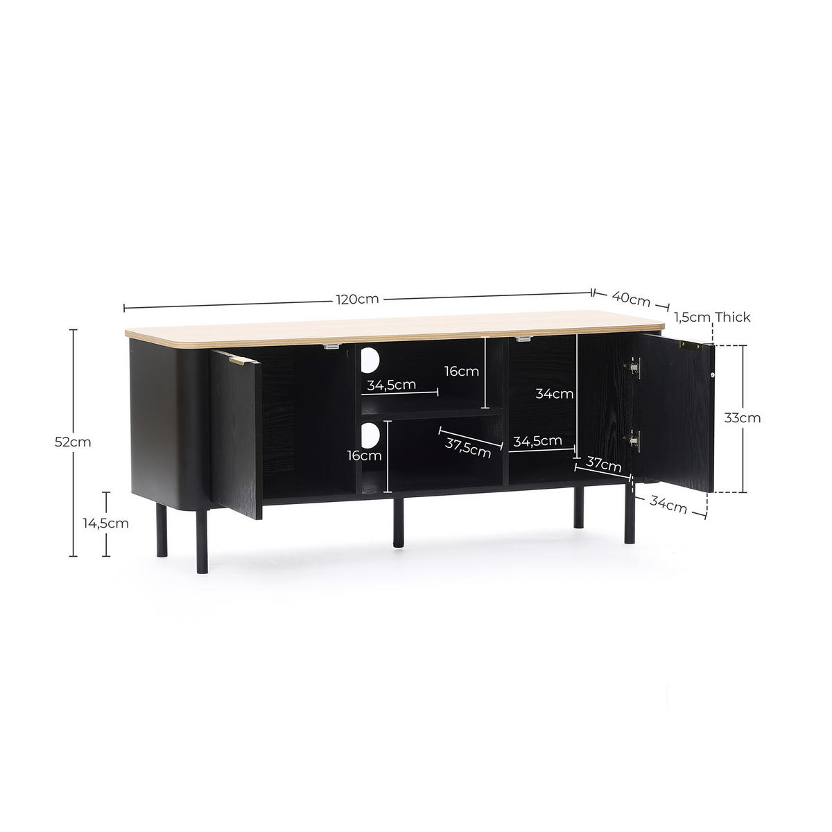 LOWBOARD TV-Schrank Modern, Schwarz & Holz | B120 x T40 x H52 cm - Schwarz, Holzwerkstoff (120/52/40cm) - Hometopia