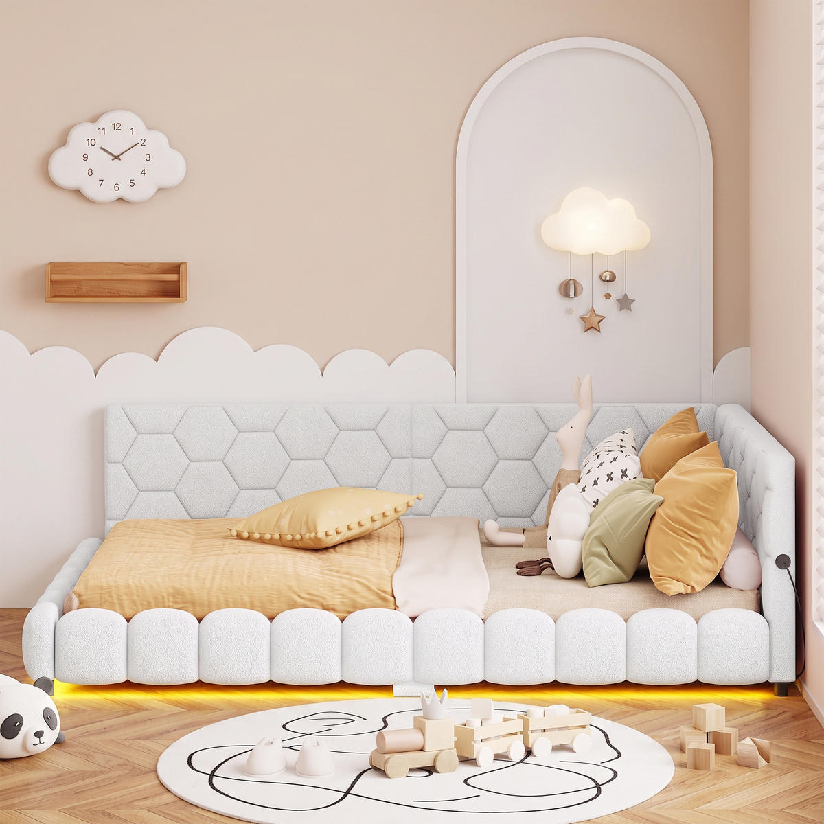 POLSTERBETT 140x200 mit USB und LED, Doppelbett 140x200 cm mit Lattenrost, Jugendbett, Samt, Weiß - Weiß, Holz/Textil (140/200cm) - GENKI LIVING