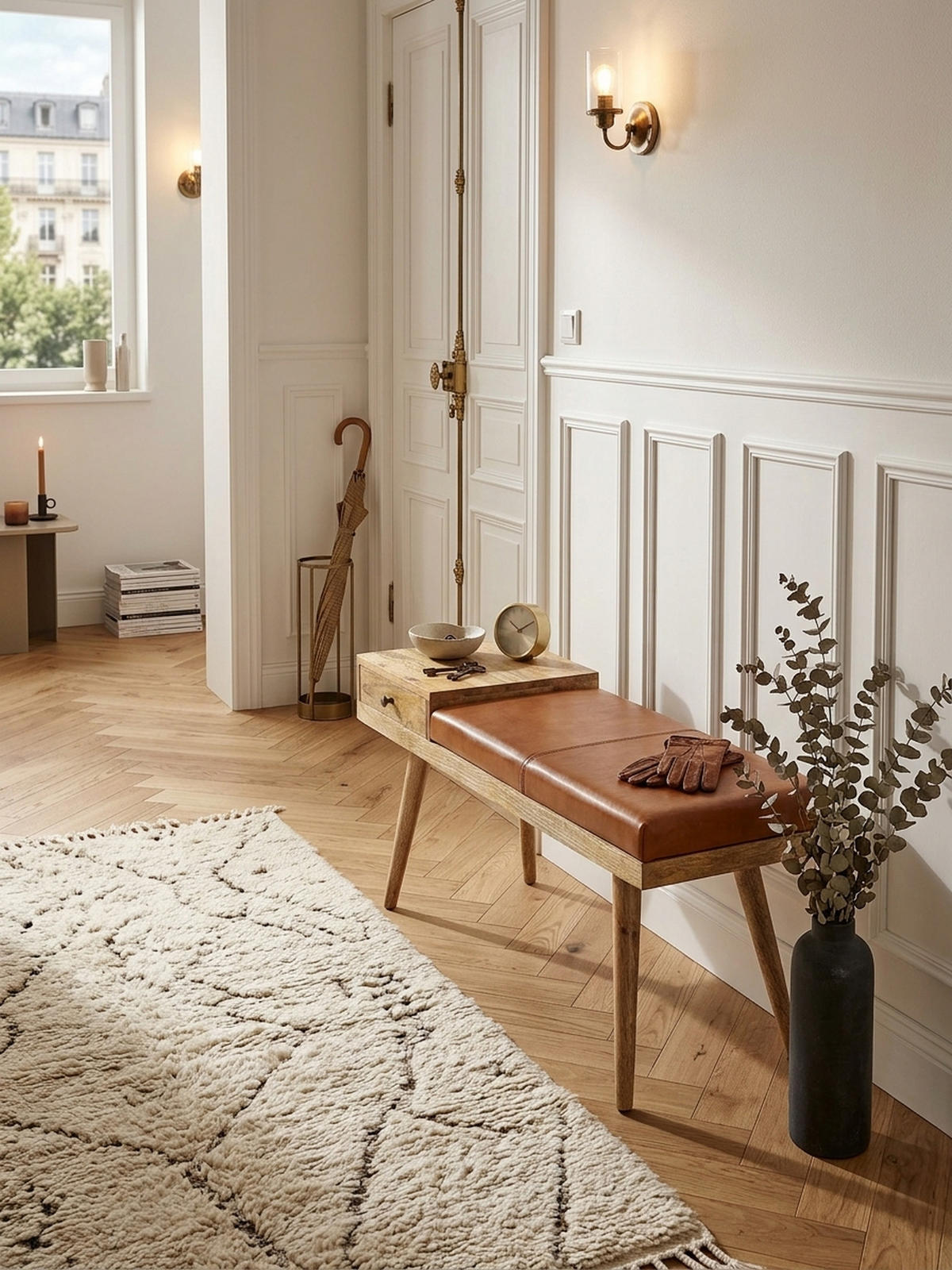 SITZBANK Retro Stil Stauraum Ziegenleder Bezug, Braun 100x38x52 cm - Braun, Leder/Holz (100/52/38cm) - KADIMA DESIGN