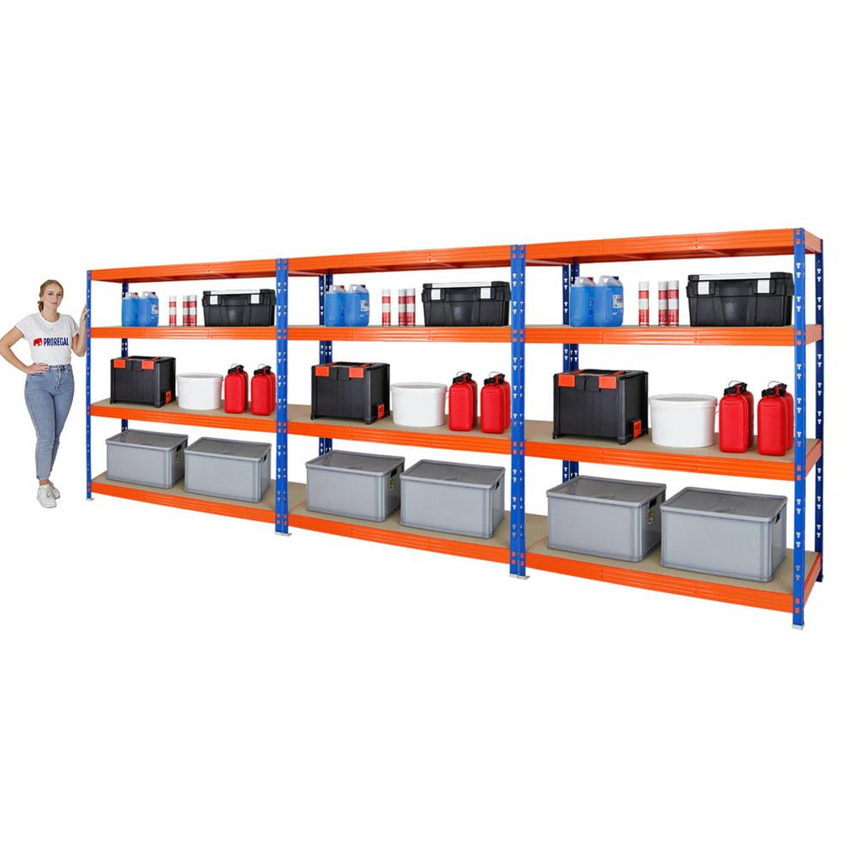 SCHWERLASTREGAL Rhino 3er-Set mit 3x 180x160x60 cm 4 Spanplatten-Ebenen 8mm Fachlast 500 kg Blau-Orange - Orange, Metall (480/180/60cm) - PROREGAL