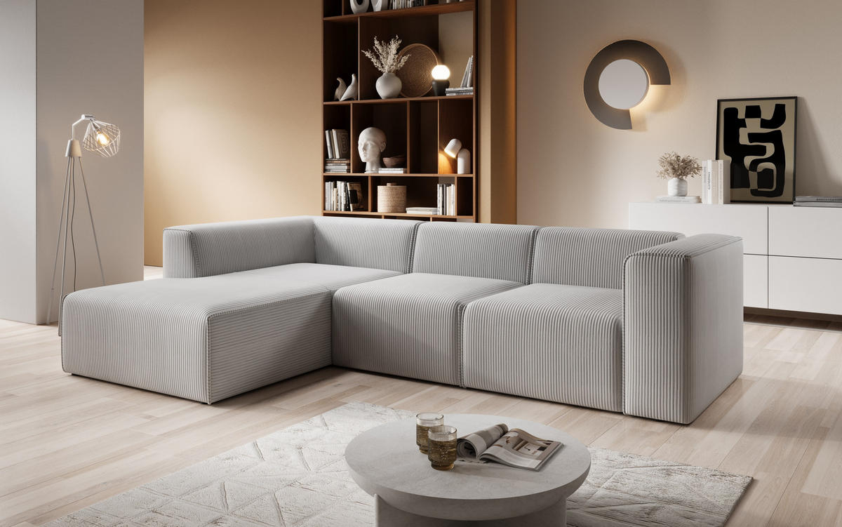 ECKSOFA Fuego Links, Cord-Stoff, 285x72x165 cm, Hellgrau - Hellgrau, Holz (285/165cm) - PROMETO Möbel