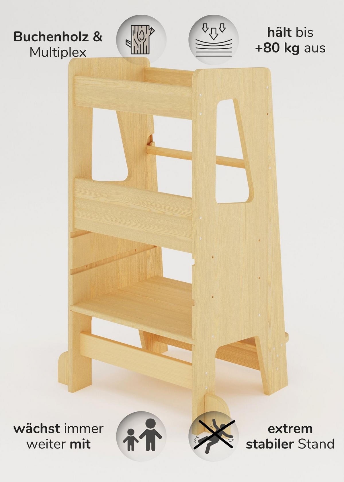 LERNTURM Steppy Höhenverstellbar Montessori Kippschutz natur - Naturfarben, Holzwerkstoff (44/90/44cm) - Sämann – make a difference.
