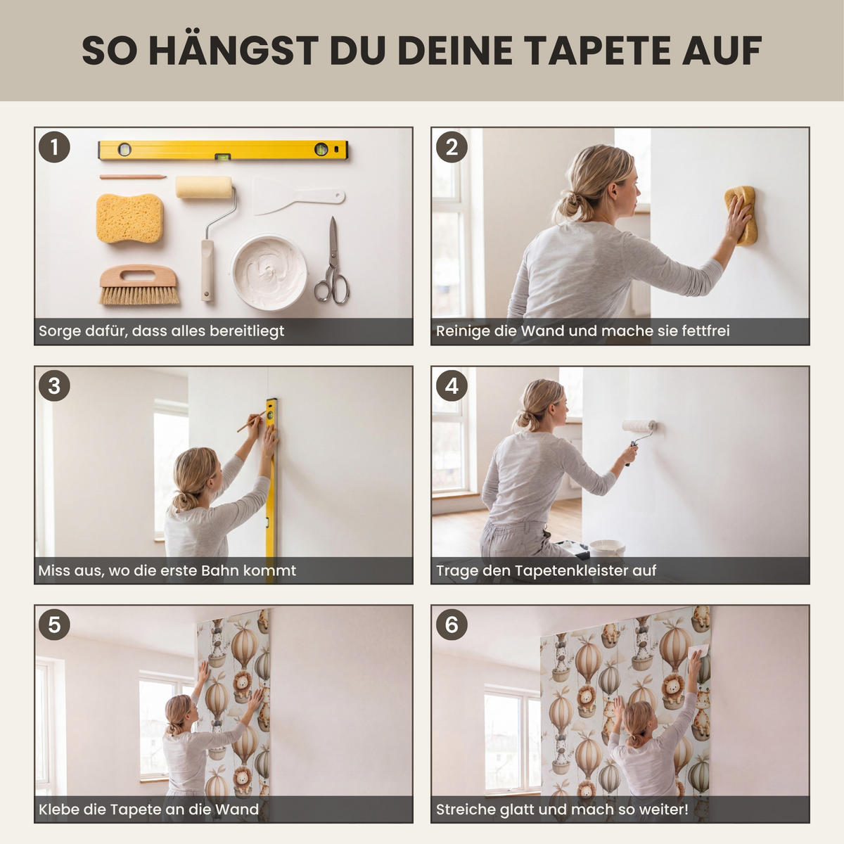 KINDERTAPETE - Safari - Heißluftballons - Taupe - 120x200 cm - Beige, Papier (120/200cm) - OnlyWow