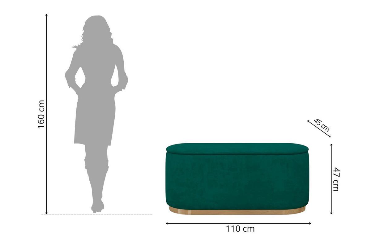 POUF Scarlett mit Stauraum, goldene Basis, 110/47/45 cm, Grün - Goldfarben/Grün, Holzwerkstoff/Textil (110/47/45cm) - Dancan