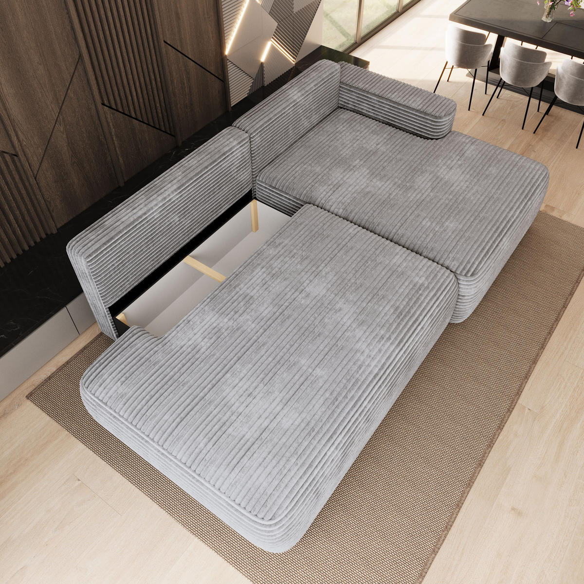 ECKSOFA AVINI T R-S Hellgrau Kordstoff mit Schlaffunktion - Hellgrau, Holzwerkstoff/Textil (277/160cm) - MASSENO