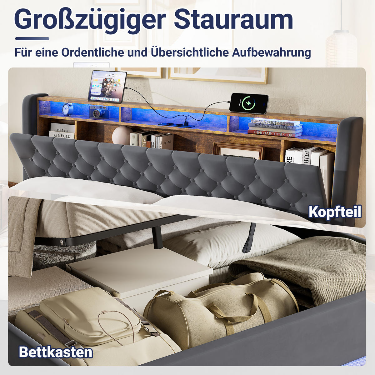 POLSTERBETT 180x200 mit Bettkasten & LED Beleuchtung,mit klappbarem Kopfteil,Grau - Grau, Holzwerkstoff/Textil (180/200cm) - EVRYAE