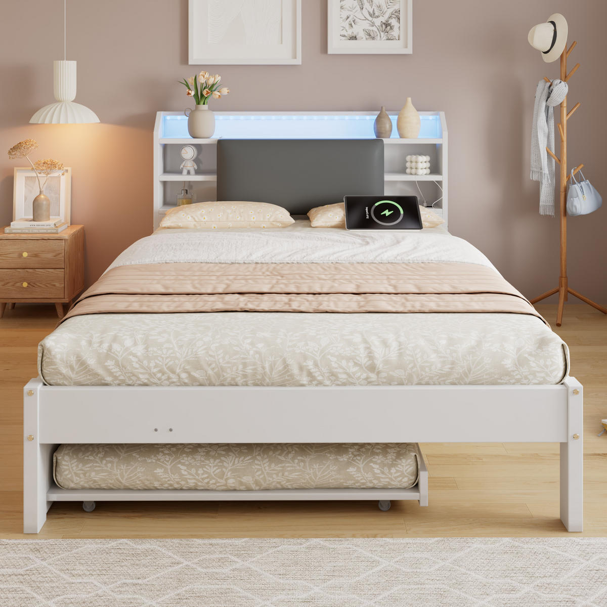 AUSZIEHBETT 120/200 cm DE-32716 mit LED und Ladestation Weiß - Weiß, Holz (120/200cm) - ComfortXL