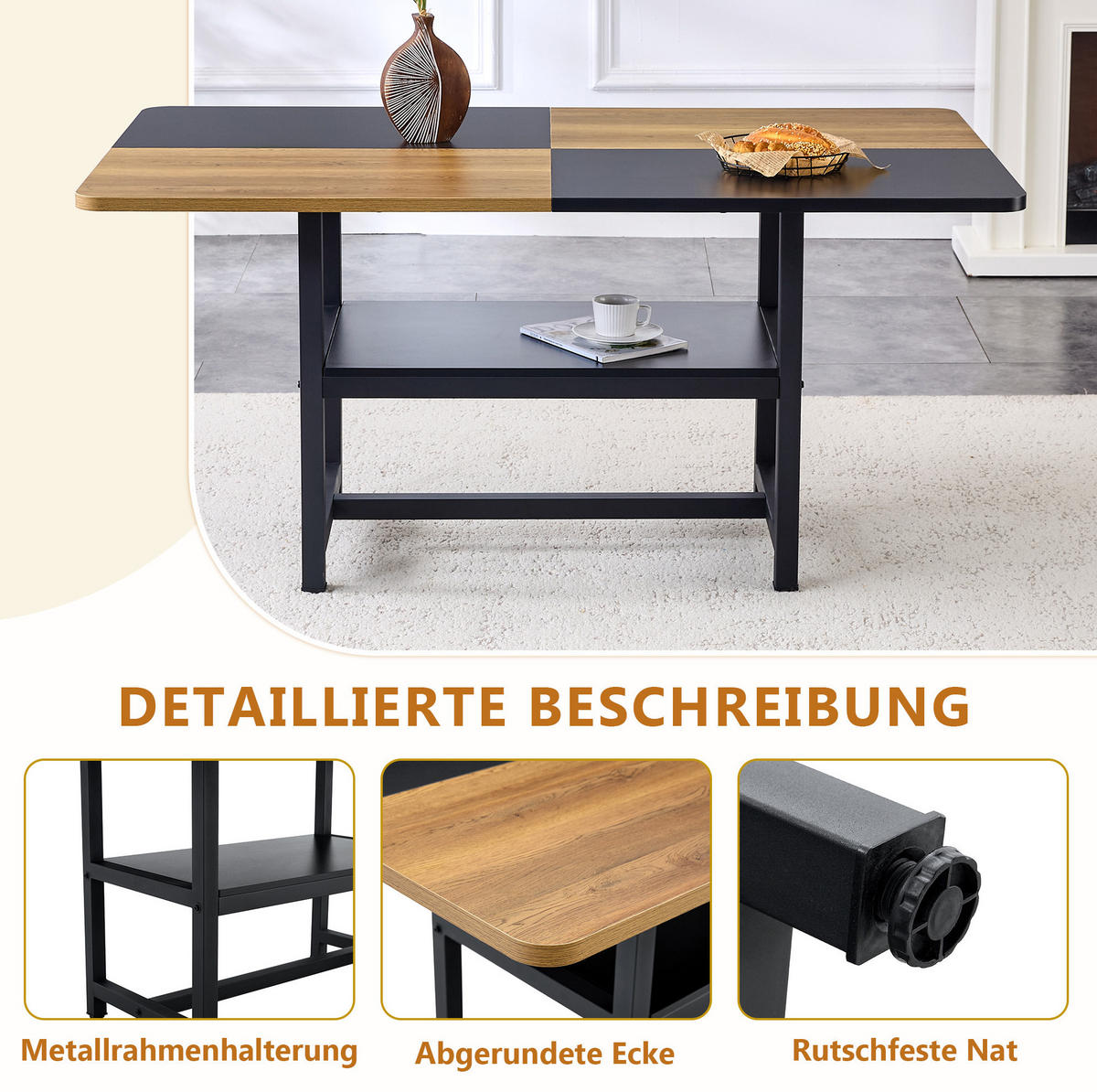 JEDÁLENSKÝ stôl 160/90/76 cm čierna/drevo, MDF/kov, s úložným regálom - čierna, kompozitné drevo (160/90/76cm) - BEAOK