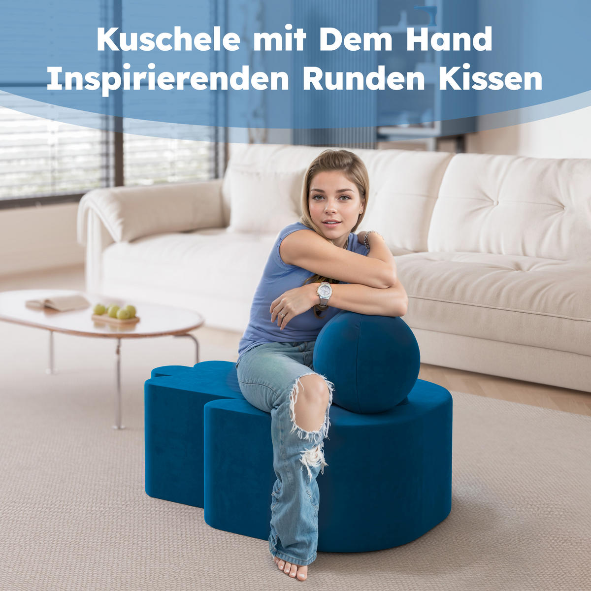 SITZKISSEN Fingerform Niederländischer Samt Blau - Blau, Textil (65/35/97cm) - Vercart