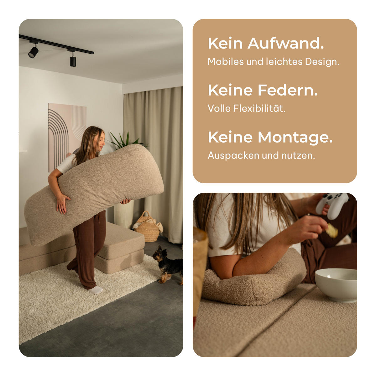 ECKSOFA SABI modulares Boneless Sofa mit Schlaffunktion Beige Boucle-Stoff - Beige, Textil (200/120cm) - MASSENO