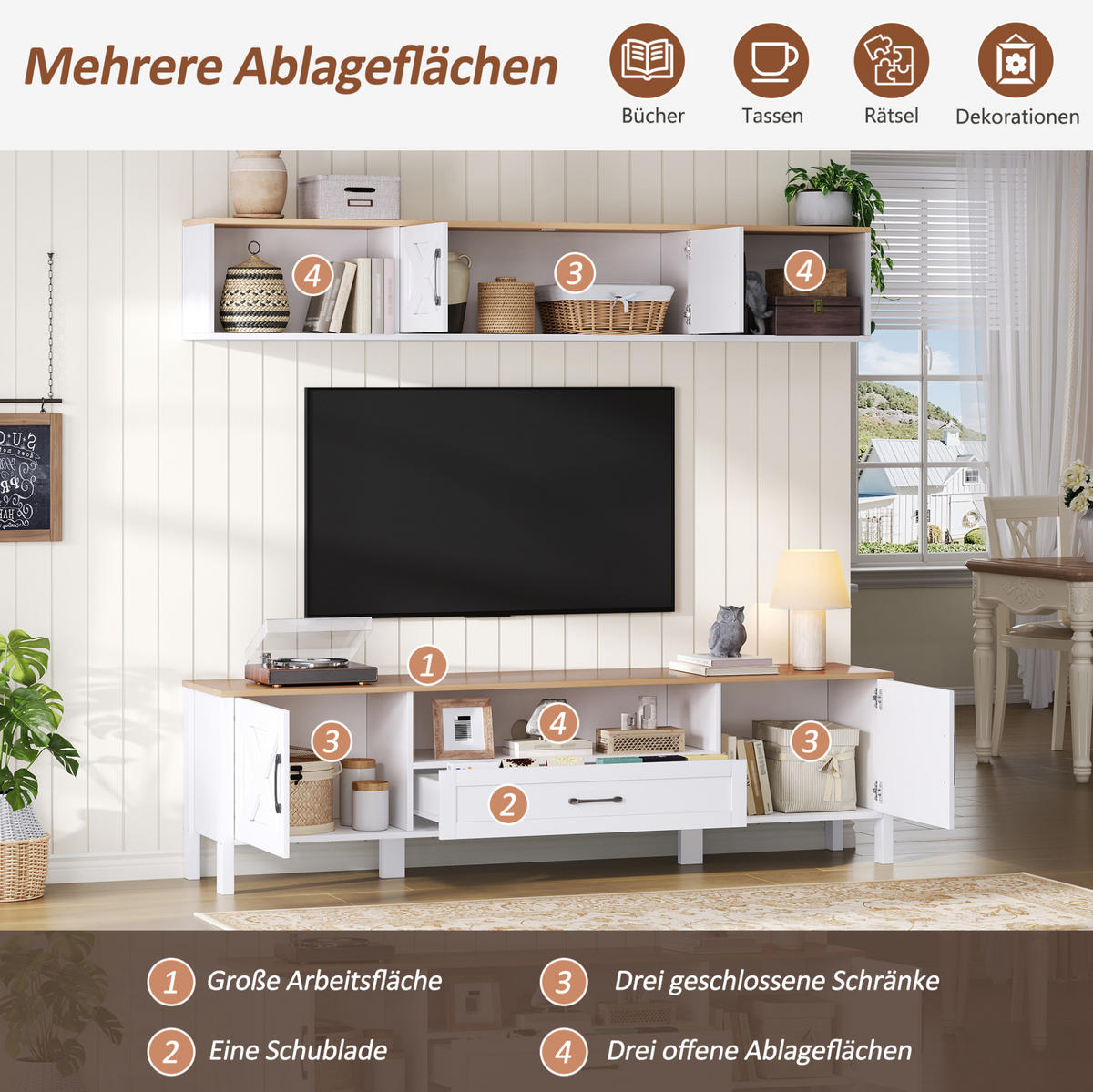 TV-WAND aus MDF 180x40x50 cm Weiß mit Hängevitrine, 4 Schränken und 1 Schublade - Weiß, Holzwerkstoff (180/50/40cm) - Modfu
