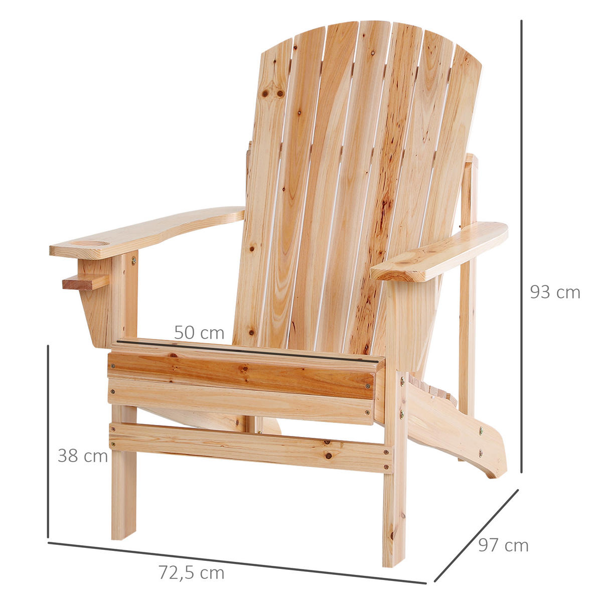 ADIRONDACK-GARTENSTUHL mit Becherhalter Gartenliege Balkonstuhl Massivholz Natur - Fichtefarben, Holz (95/93/72cm) - Outsunny