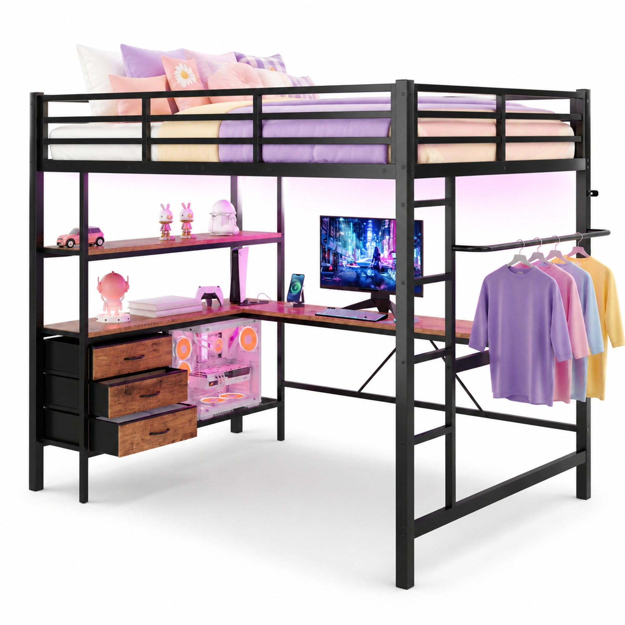 HOCHBETT 140/200 mit LED, Schreibtisch und USB-Anschluss in Schwarz - Schwarz, Holz/Metall (140/200cm) - EVRYAE