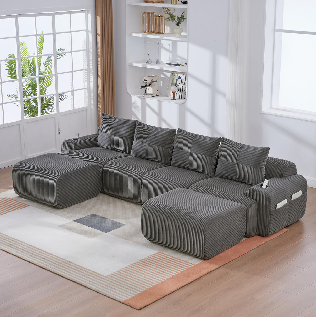 WOHNLANDSCHAFT Modulares 4-Sitzer Sofa 333/174/80 cm dunkelgrau aus Cord mit Getränkehalter und Aufbewahrungstasche - Dunkelgrau, Textil (174/80/333cm) - Modenvie