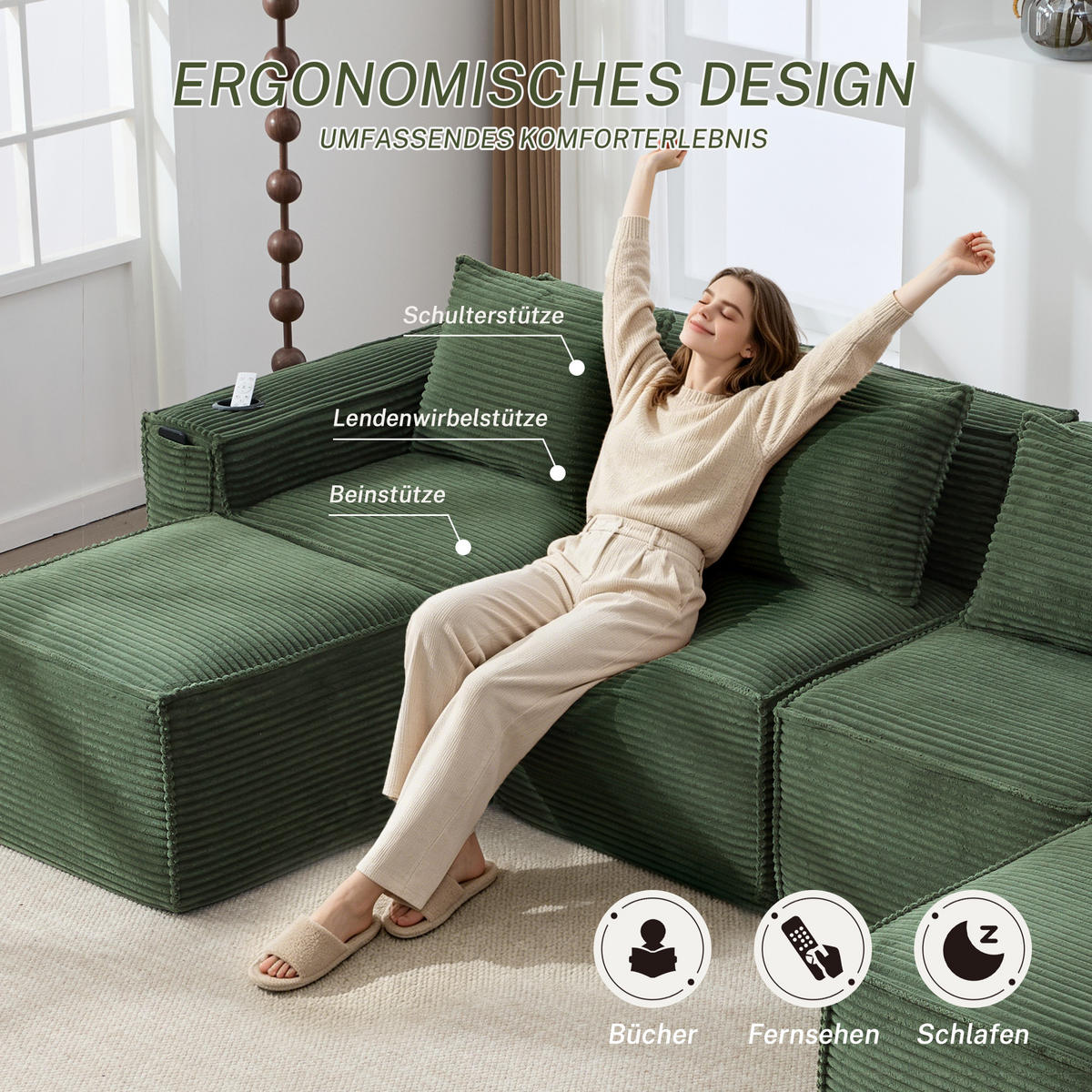 WOHNLANDSCHAFT 330/162/75 cm Grün mit 2 Fußhocker, Getränkehalter und Seitentaschen - Grün, Textil (330/75/162cm) - Oxeza