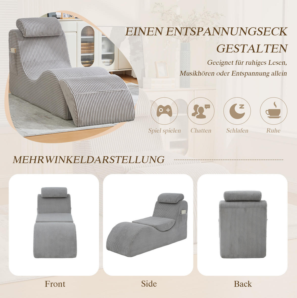 KŘESLO 160/66/90 cm světle šedé z manšestru s ergonomickým opěradlem a boční kapsou - světle šedá, textil (66/90/160cm) - OKWISH